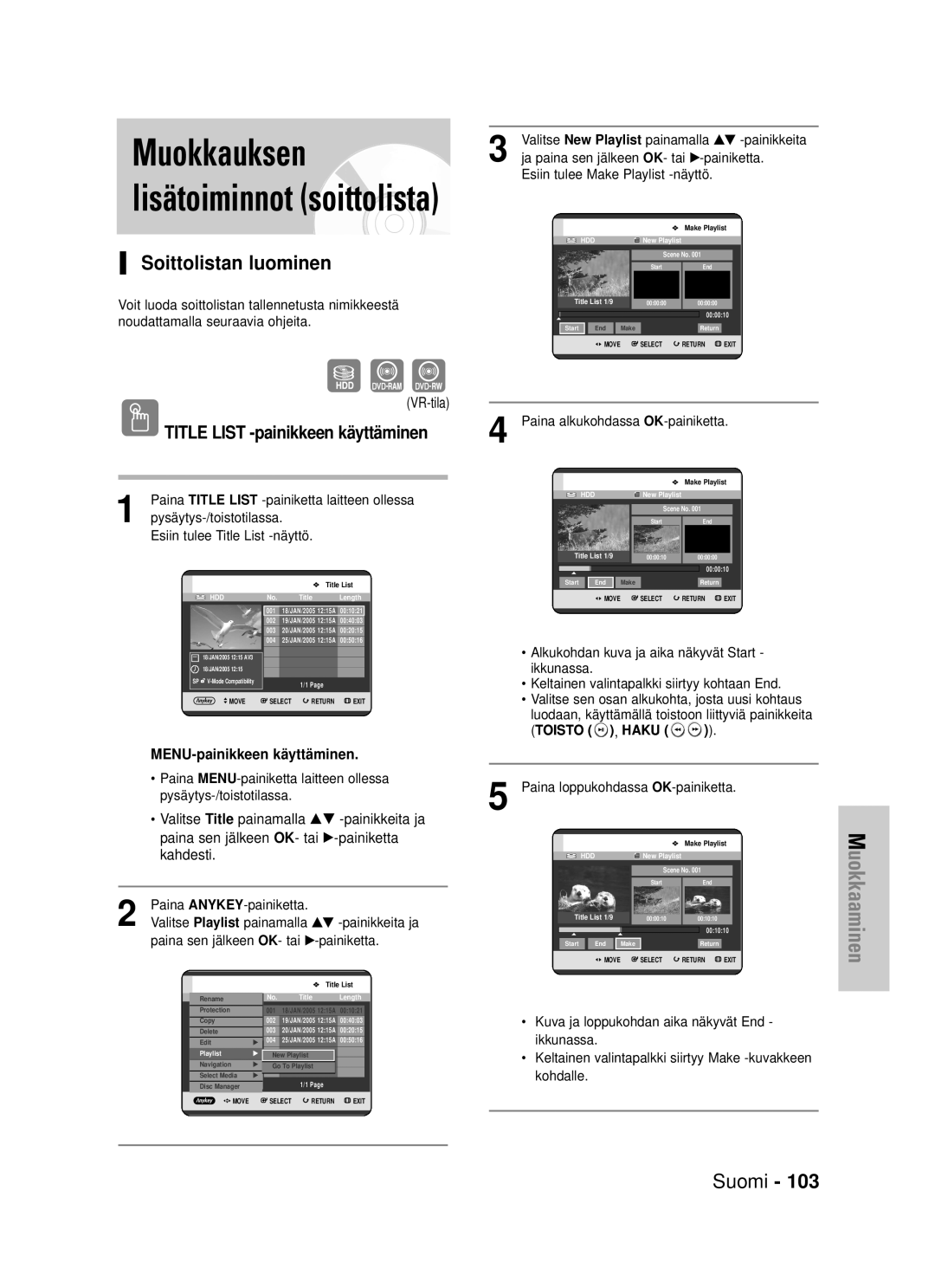 Samsung DVD-HR725/XEE manual Soittolistan luominen, Toisto , Haku 