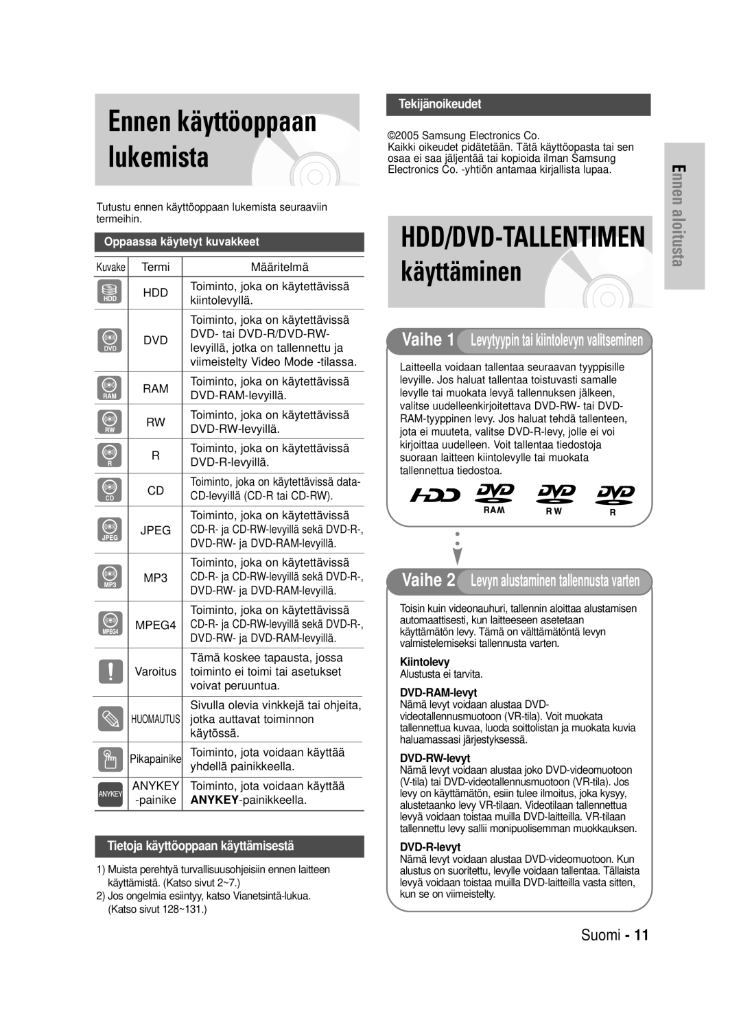 Samsung DVD-HR725/XEE manual Ennen käyttöoppaan lukemista 