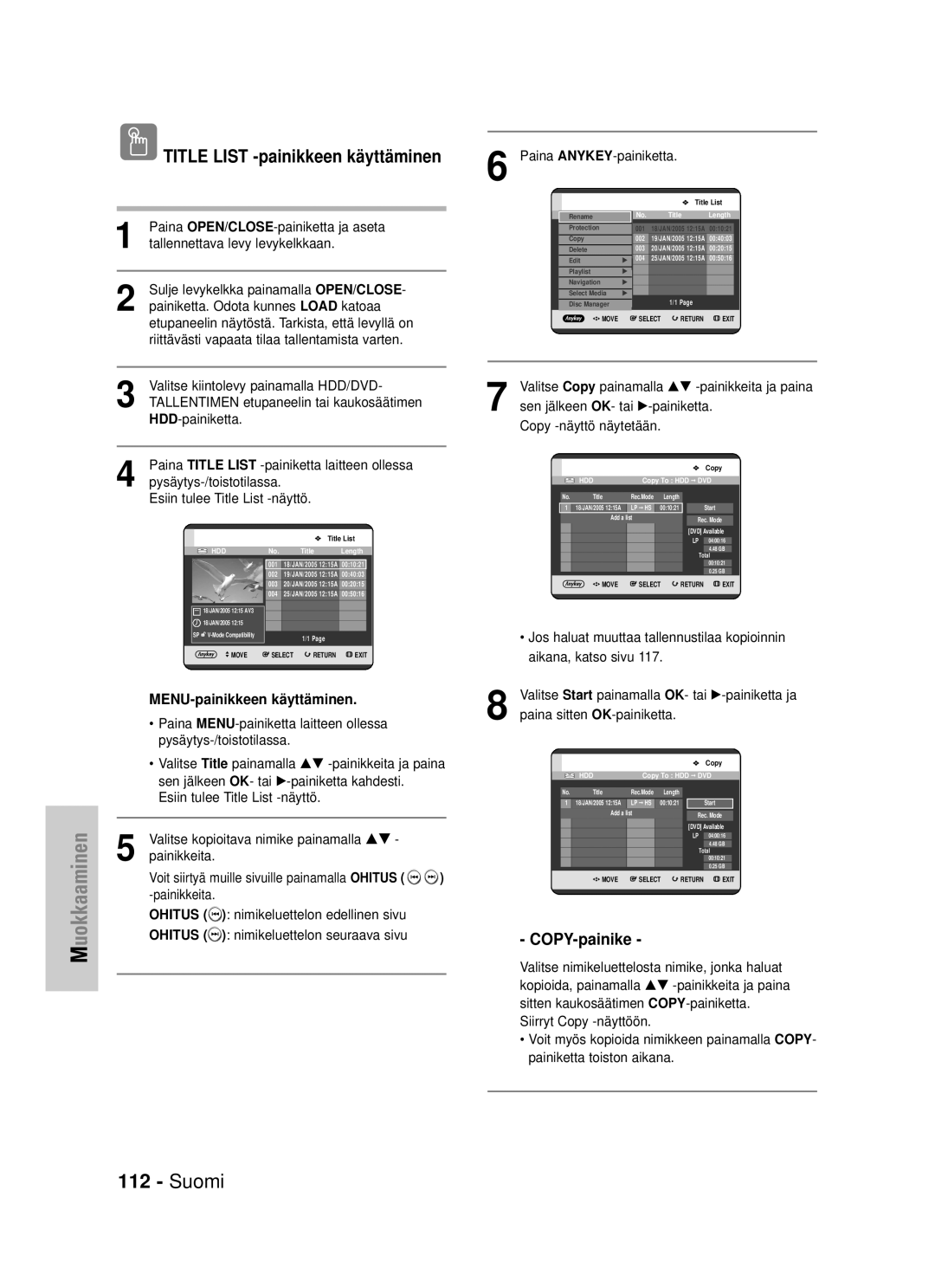 Samsung DVD-HR725/XEE manual COPY-painike 