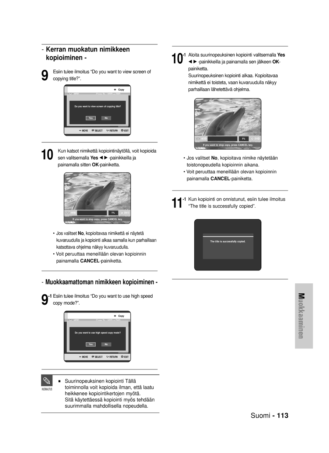 Samsung DVD-HR725/XEE manual Kerran muokatun nimikkeen kopioiminen, Muokkaamattoman nimikkeen kopioiminen 