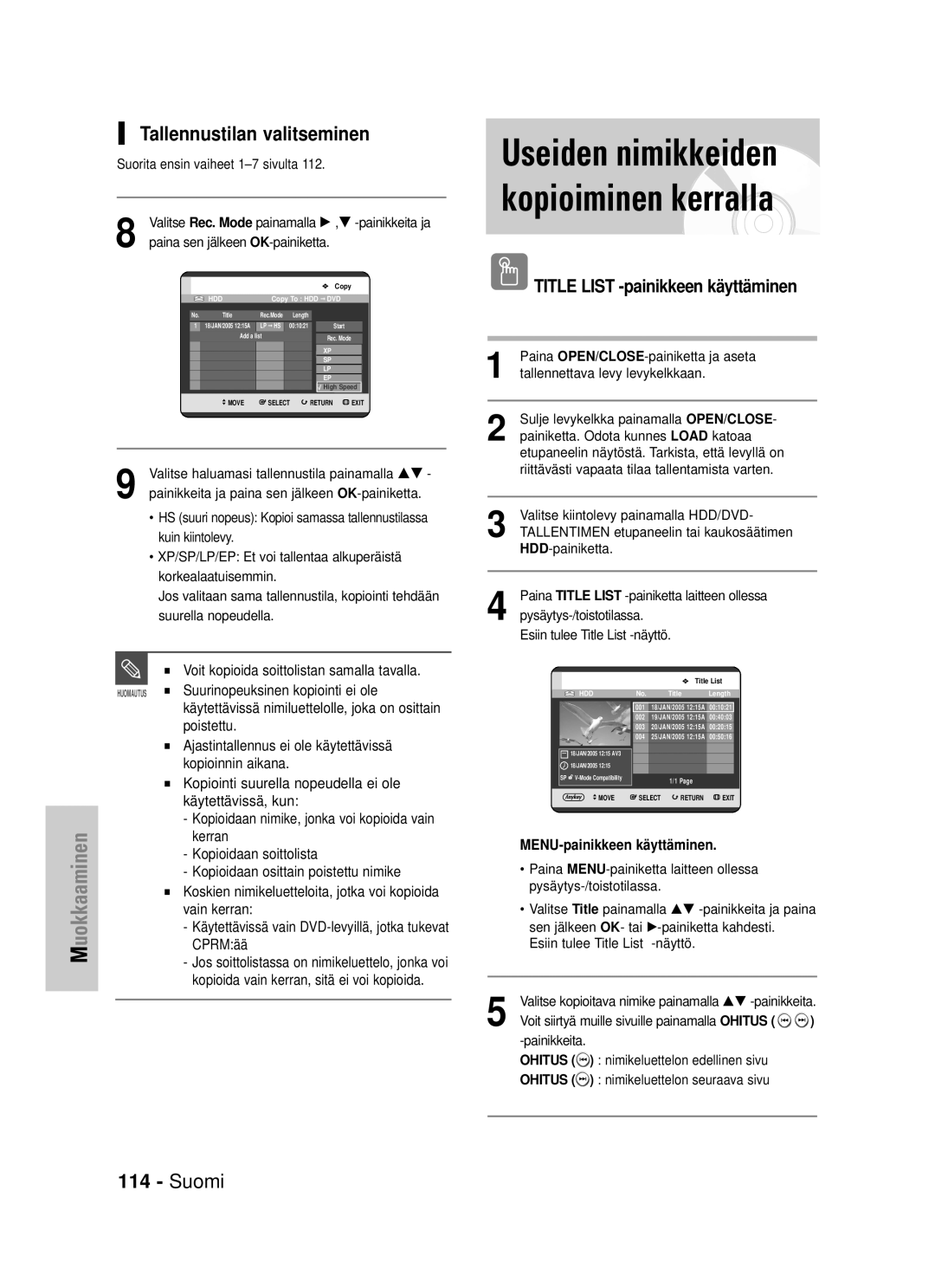 Samsung DVD-HR725/XEE manual Useiden nimikkeiden kopioiminen kerralla, Tallennustilan valitseminen 