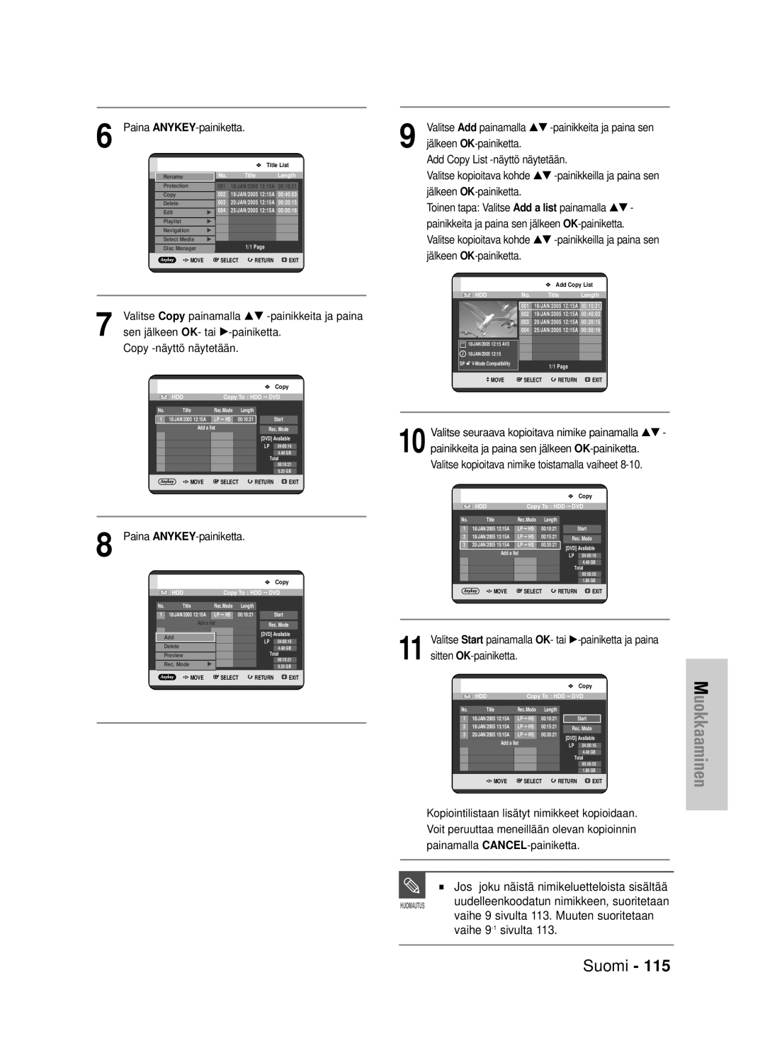 Samsung DVD-HR725/XEE manual Vaihe 9 sivulta 113. Muuten suoritetaan, Vaihe 9-1sivulta 