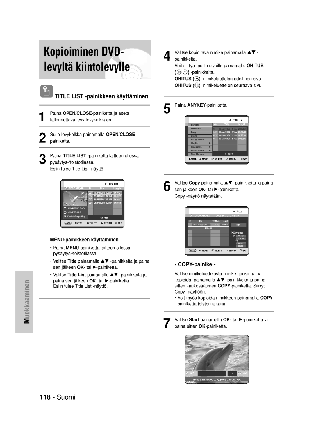 Samsung DVD-HR725/XEE manual Kopioiminen DVD- levyltä kiintolevylle 