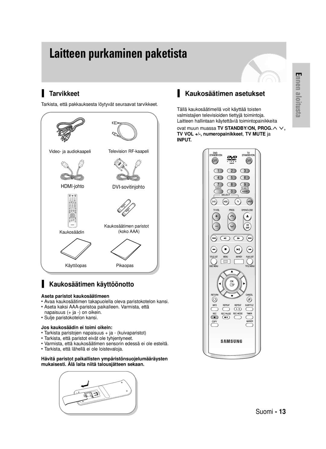 Samsung DVD-HR725/XEE manual Tarvikkeet, Kaukosäätimen käyttöönotto, Kaukosäätimen asetukset, HDMI-johtoDVI-sovitinjohto 