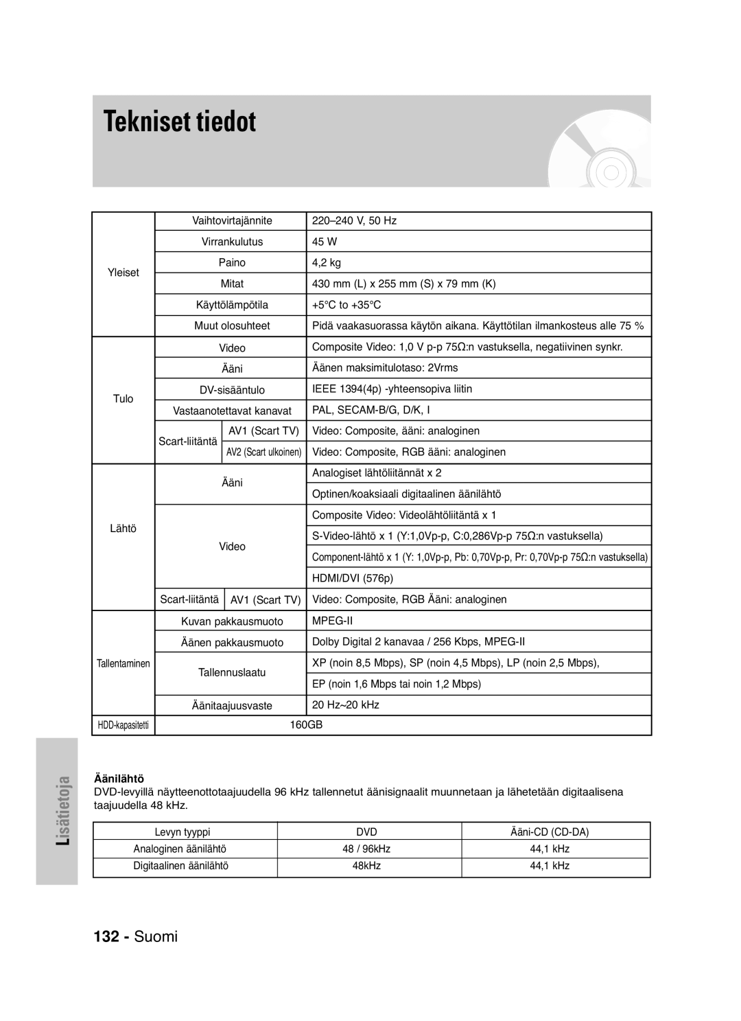 Samsung DVD-HR725/XEE manual Äänilähtö 