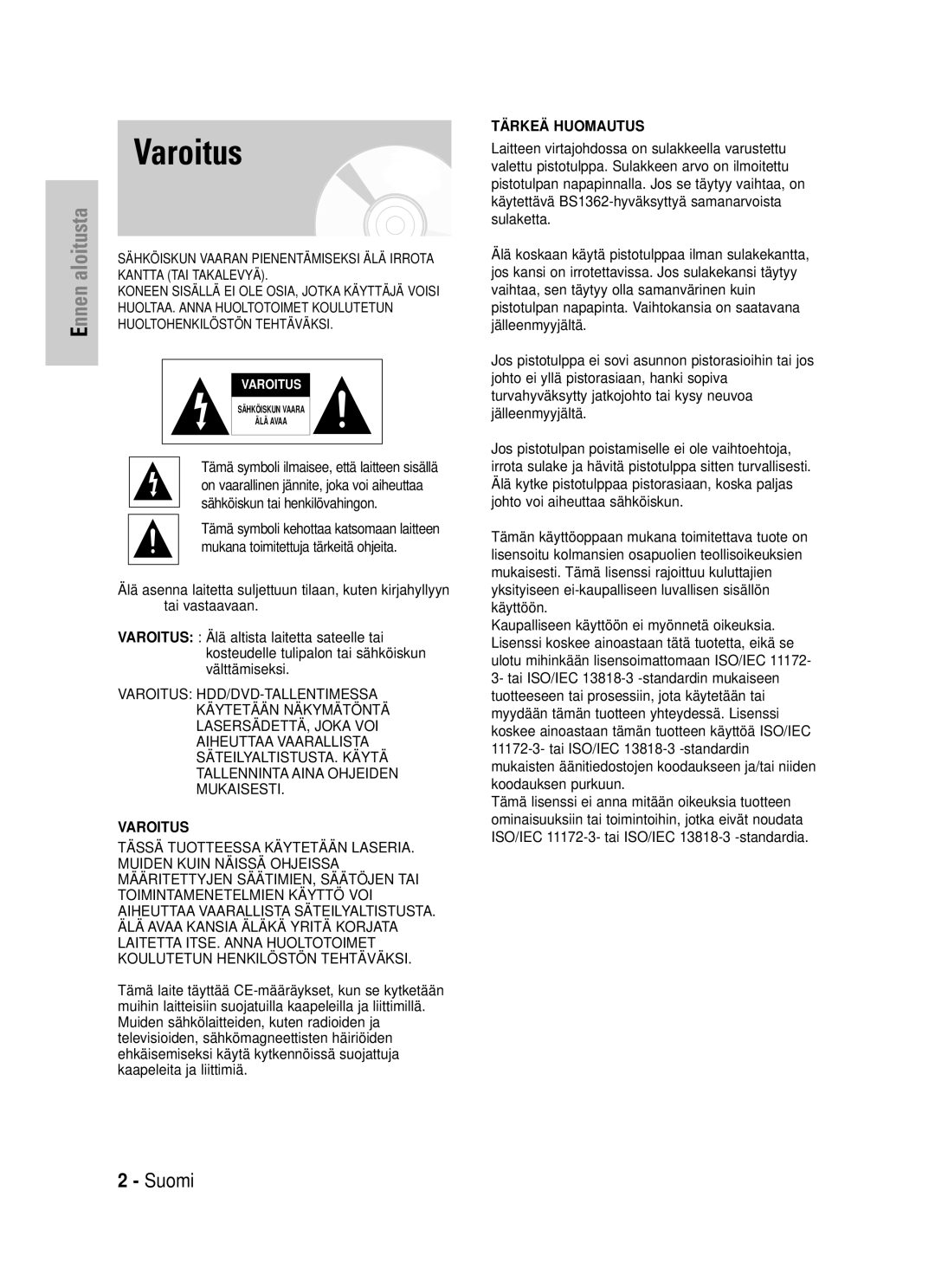 Samsung DVD-HR725/XEE manual Varoitus 