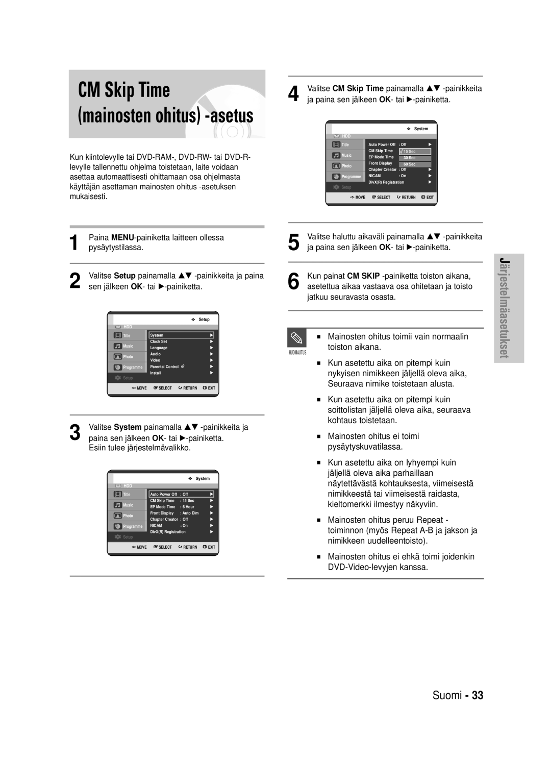 Samsung DVD-HR725/XEE manual CM Skip Time, Mainosten ohitus -asetus 