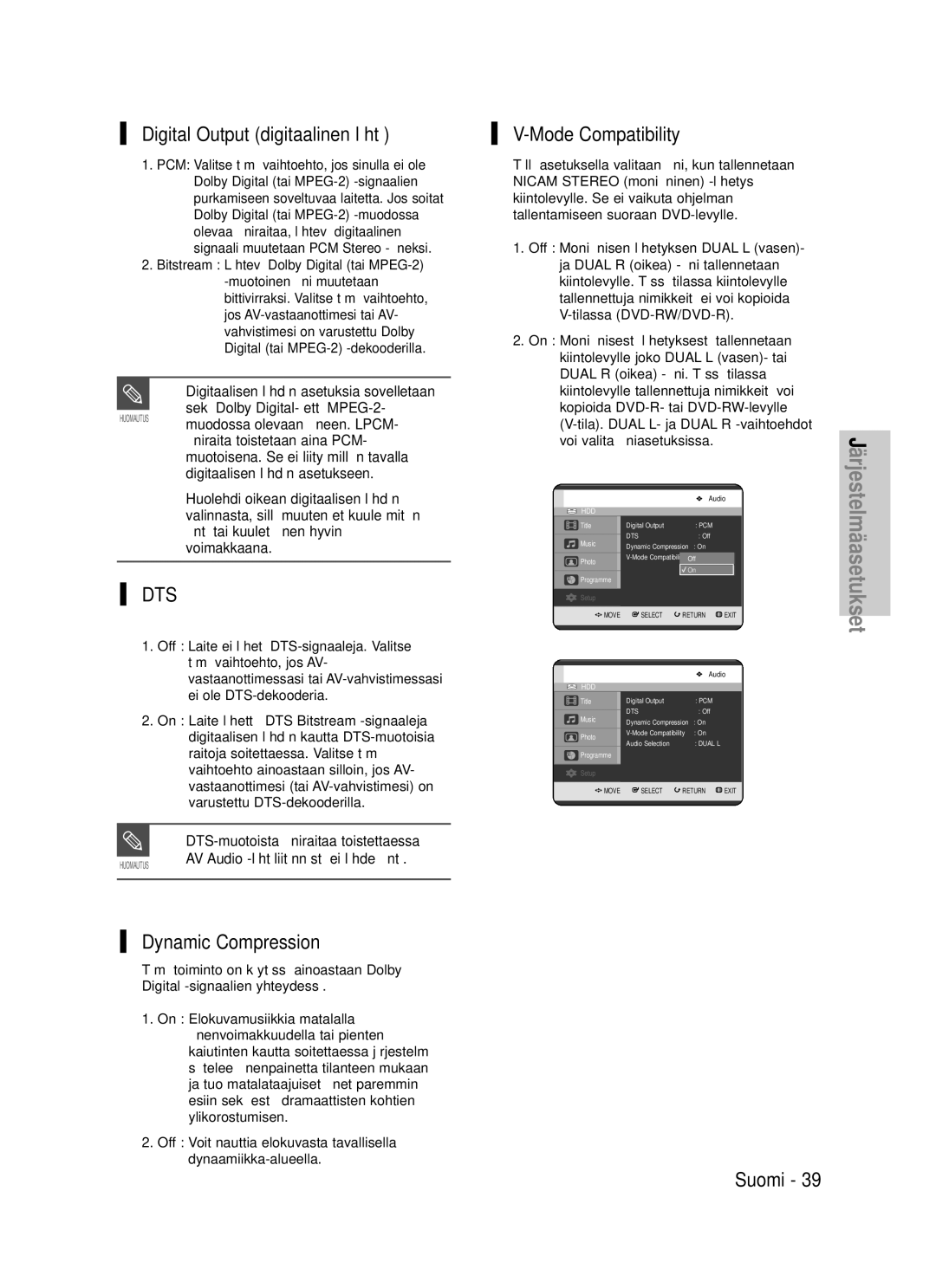 Samsung DVD-HR725/XEE manual Digital Output digitaalinen lähtö, Mode Compatibility, Dynamic Compression 