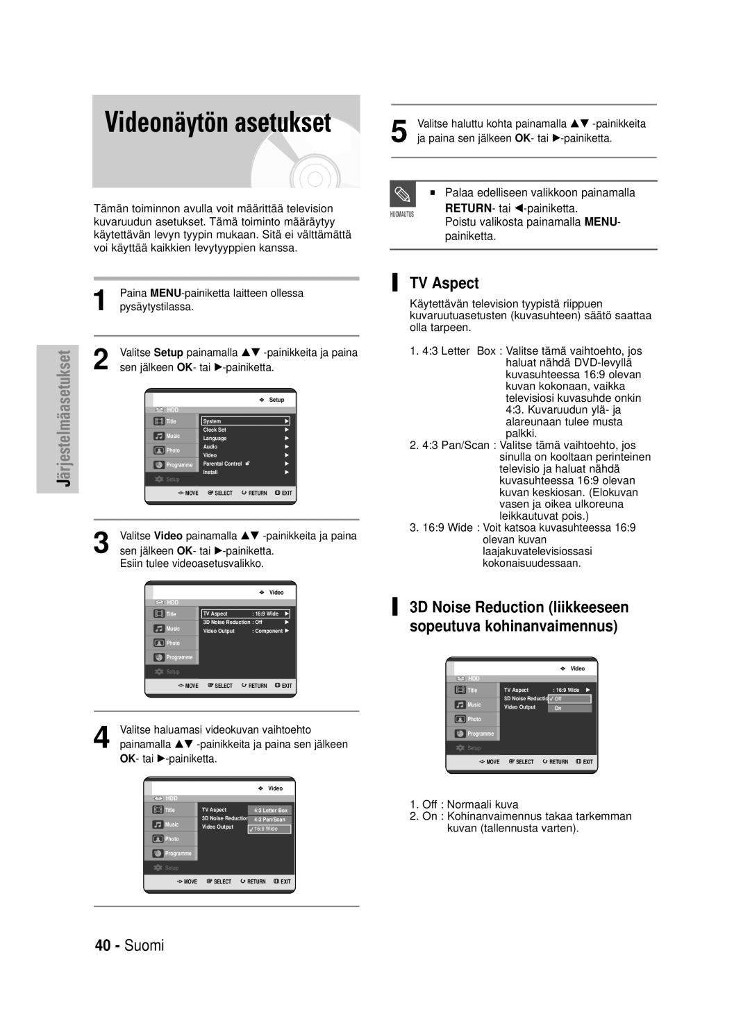 Samsung DVD-HR725/XEE manual TV Aspect, Valitse Video painamalla …† -painikkeita ja paina 