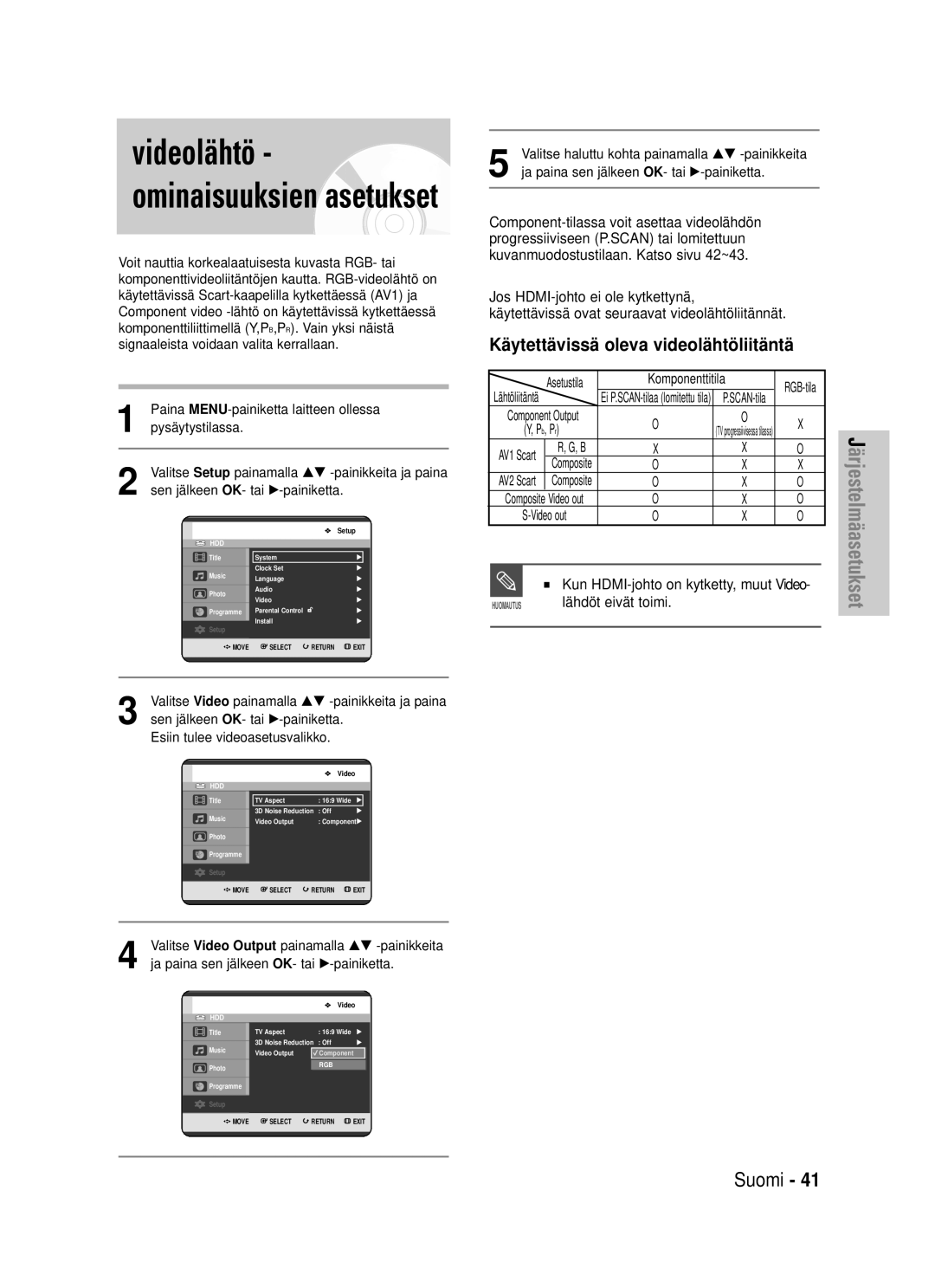 Samsung DVD-HR725/XEE manual Käytettävissä oleva videolähtöliitäntä, Lähdöt eivät toimi 