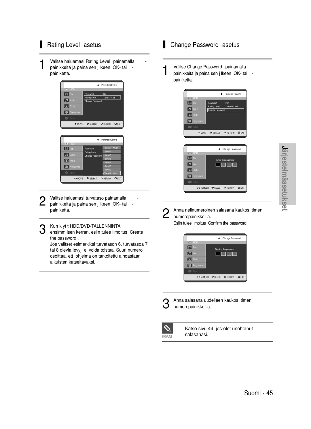 Samsung DVD-HR725/XEE manual Rating Level -asetus, Change Password -asetus 