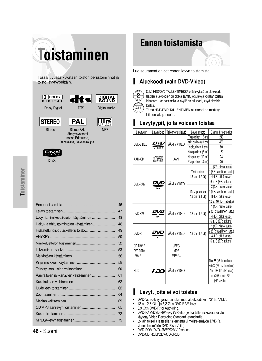 Samsung DVD-HR725/XEE manual Ennen toistamista, Aluekoodi vain DVD-Video, Levytyypit, joita voidaan toistaa 