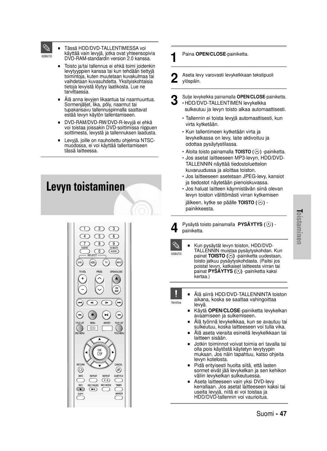 Samsung DVD-HR725/XEE manual Levyn toistaminen 