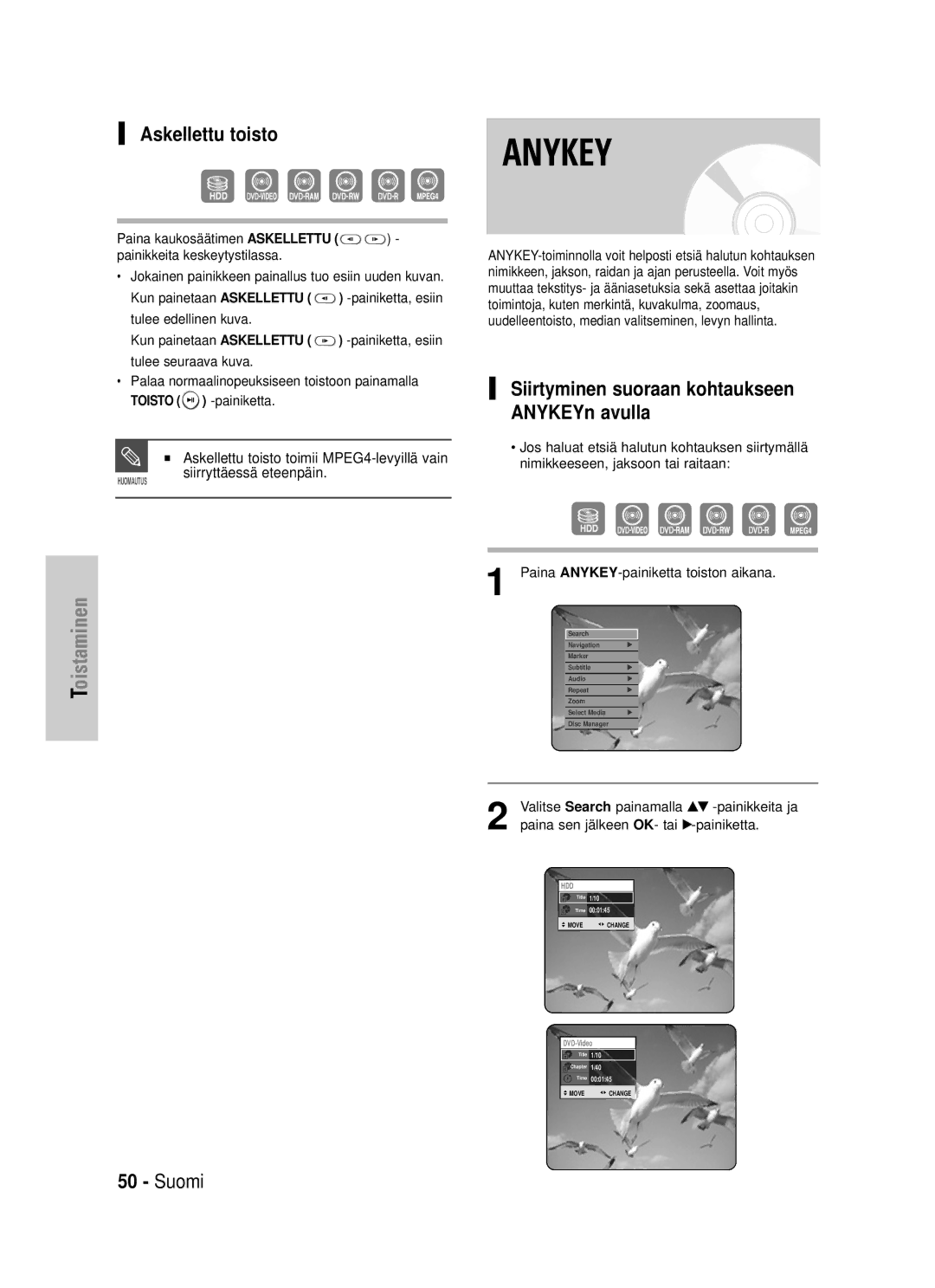 Samsung DVD-HR725/XEE manual Askellettu toisto, Siirtyminen suoraan kohtaukseen ANYKEYn avulla 