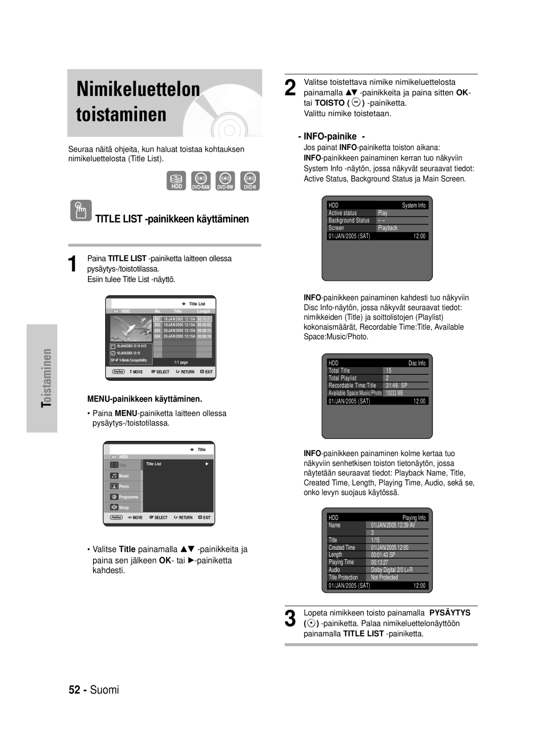 Samsung DVD-HR725/XEE manual Title List -painikkeen käyttäminen, INFO-painike, Esiin tulee Title List -näyttö 