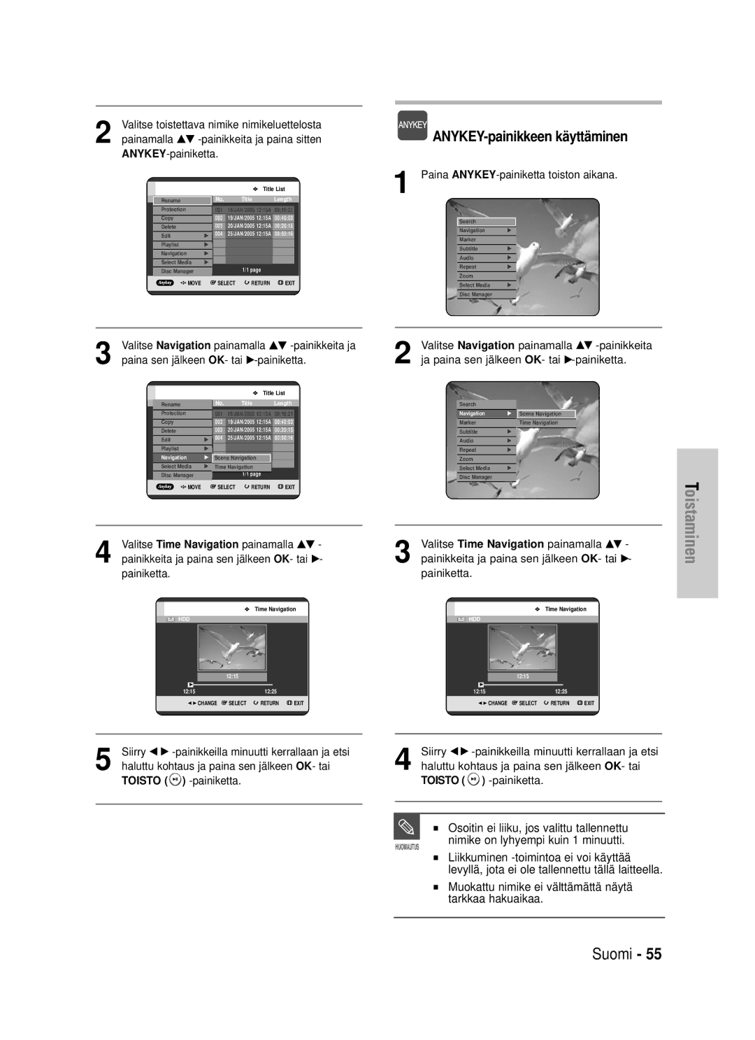 Samsung DVD-HR725/XEE manual Muokattu nimike ei välttämättä näytä tarkkaa hakuaikaa 