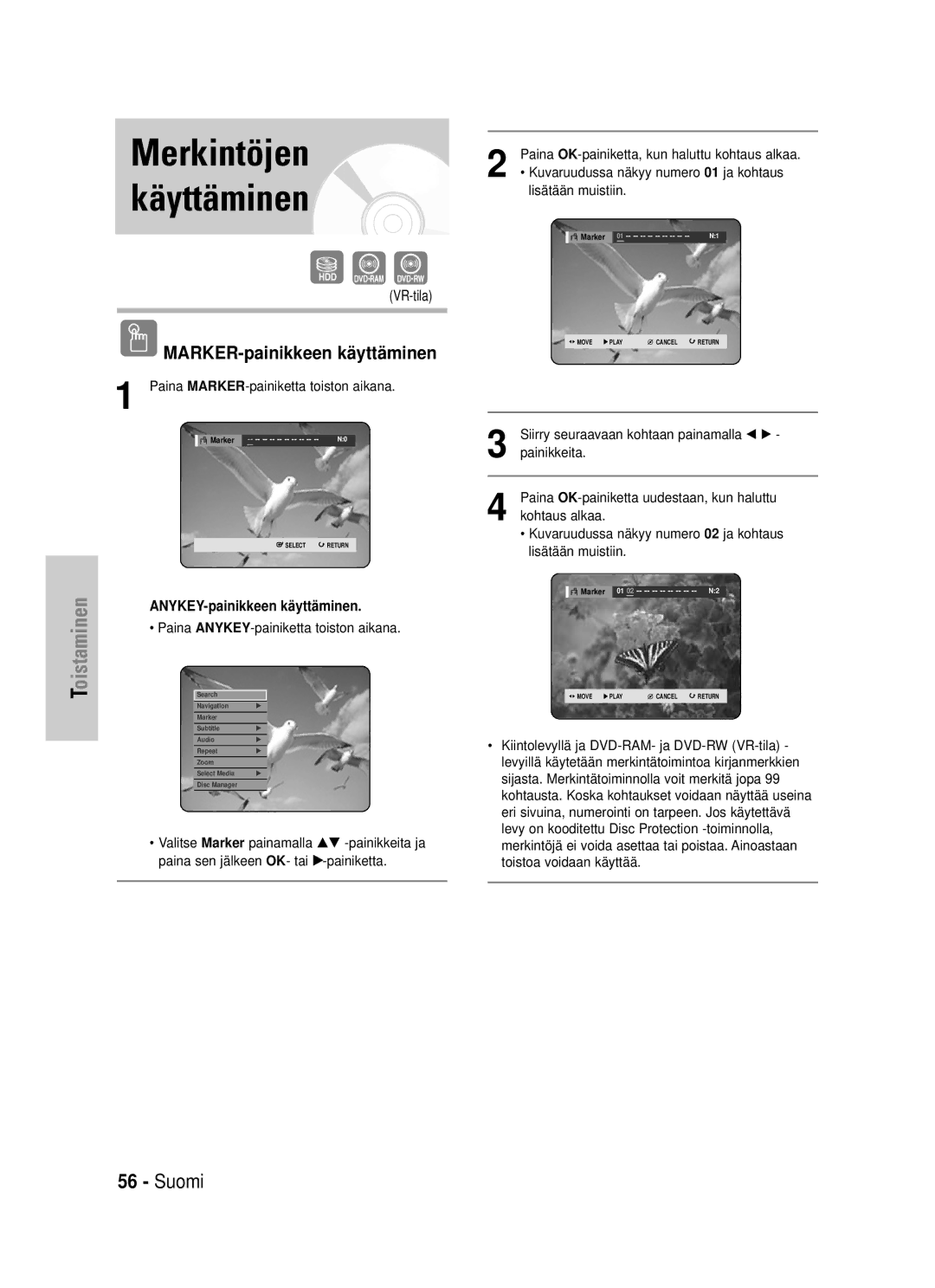 Samsung DVD-HR725/XEE manual MARKER-painikkeen kä yttä minen, Paina MARKER-painiketta toiston aikana 