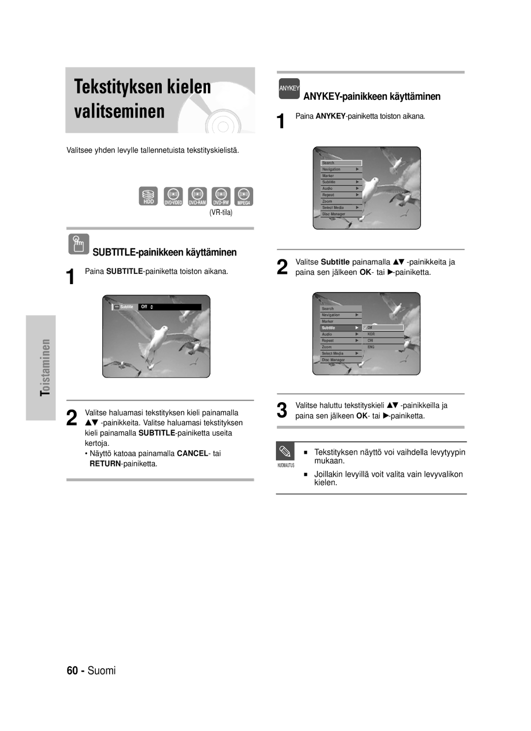 Samsung DVD-HR725/XEE manual Tekstityksen kielen valitseminen, SUBTITLE-painikkeen käyttäminen 