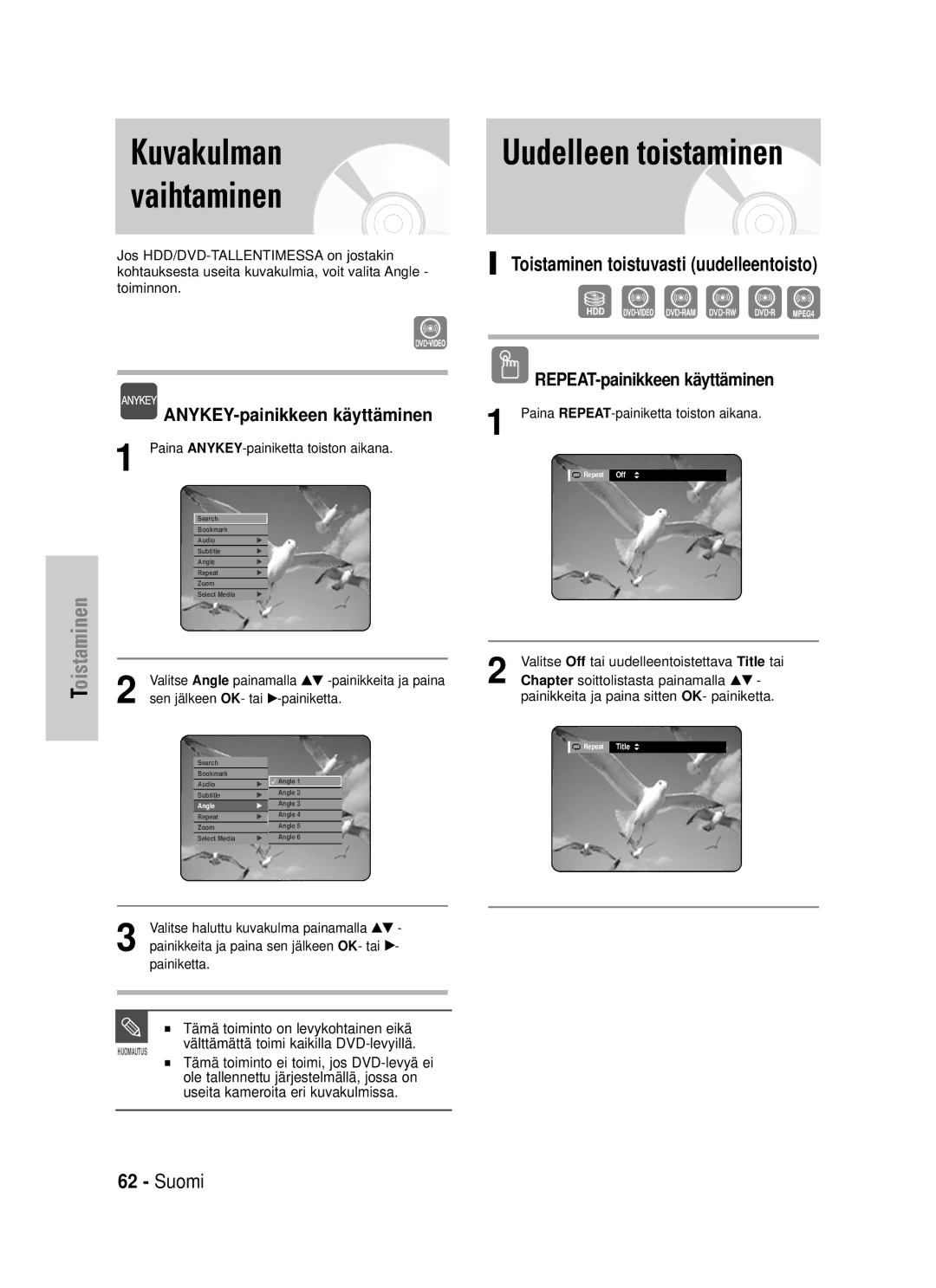 Samsung DVD-HR725/XEE manual Kuvakulman, Vaihtaminen, Uudelleen toistaminen, Toistaminen toistuvasti uudelleentoisto 