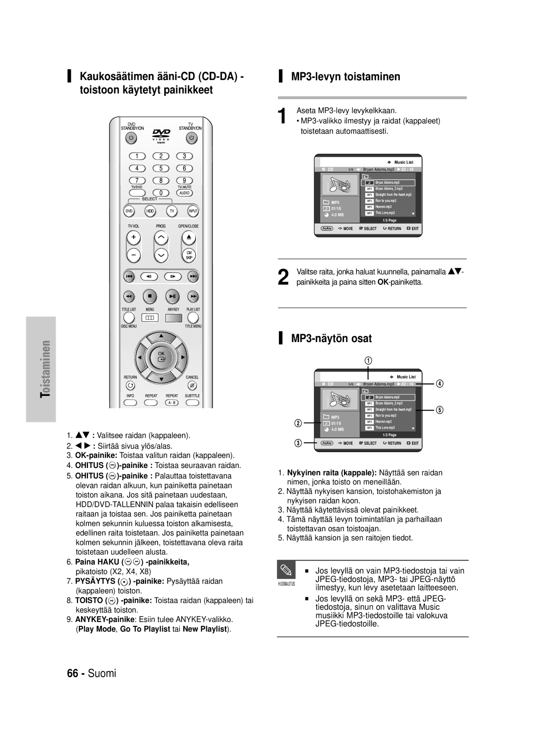 Samsung DVD-HR725/XEE manual MP3-levyn toistaminen, Kaukosäätimen ääni-CD CD-DA toistoon käytetyt painikkeet 