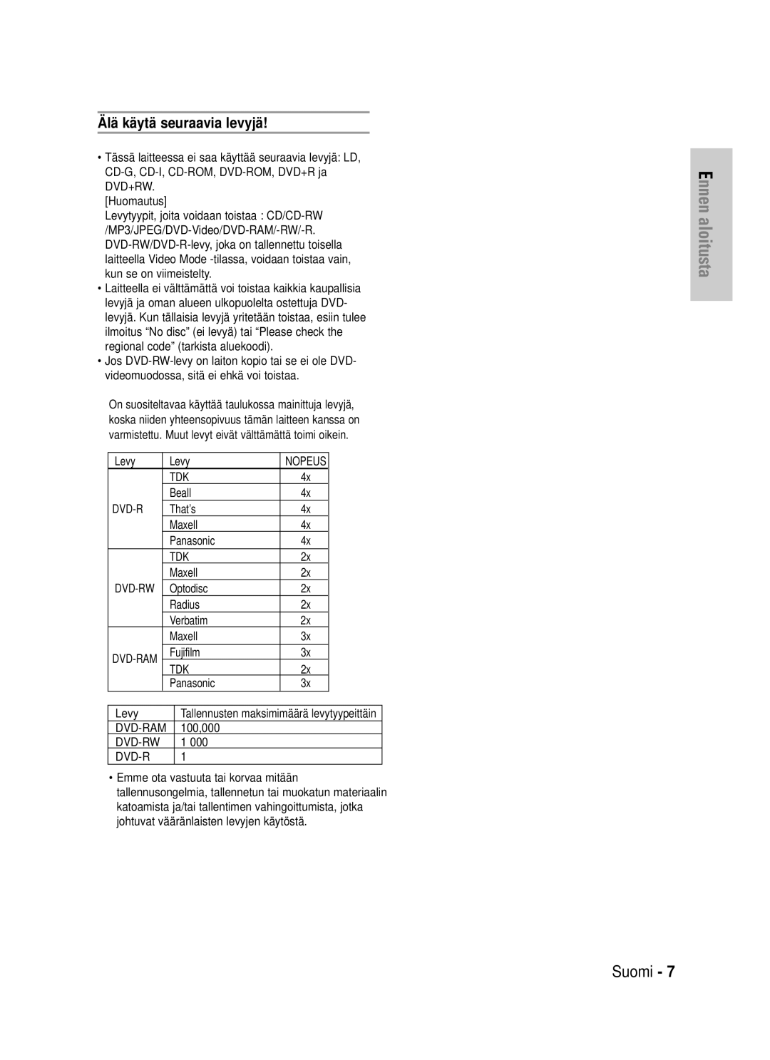 Samsung DVD-HR725/XEE manual Älä käytä seuraavia levyjä 