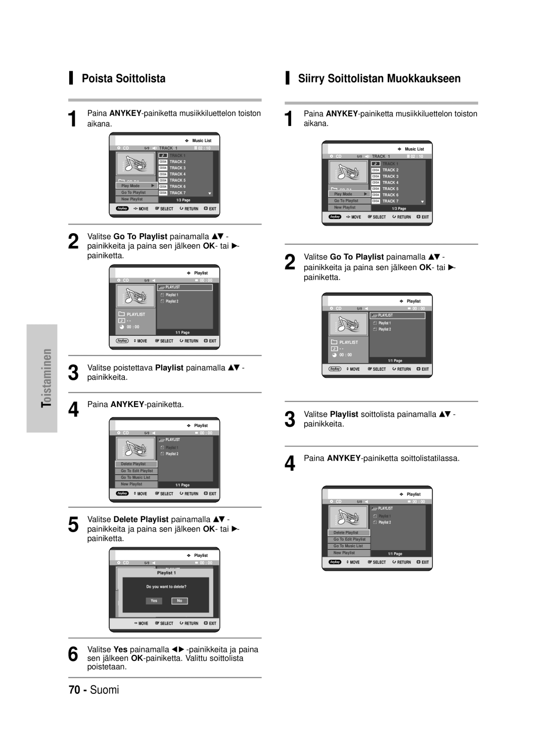 Samsung DVD-HR725/XEE manual Poista Soittolista, Siirry Soittolistan Muokkaukseen 