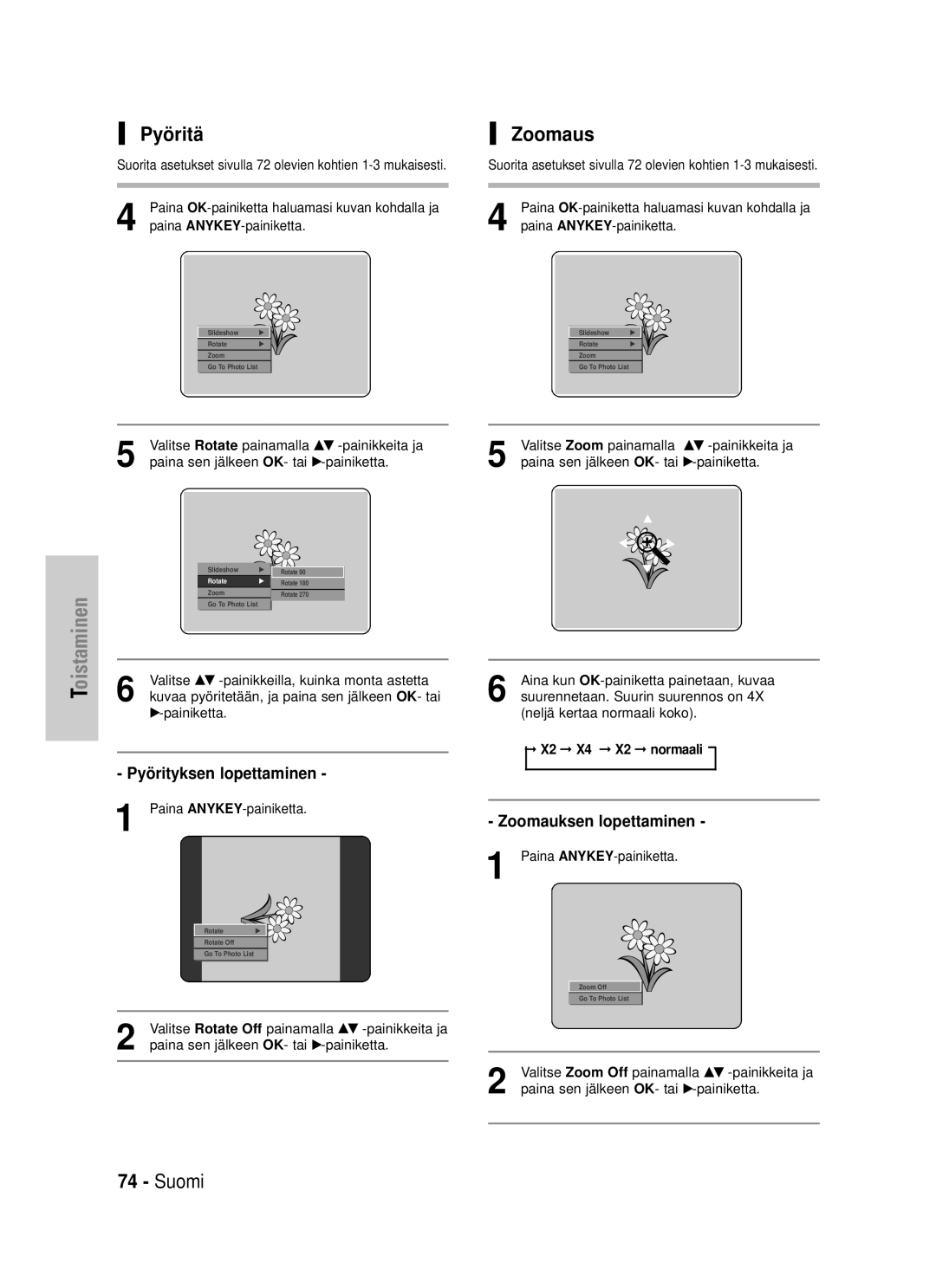 Samsung DVD-HR725/XEE manual Pyöritä, Zoomaus, Pyörityksen lopettaminen, Zoomauksen lopettaminen, X2 X4 X2 normaali 