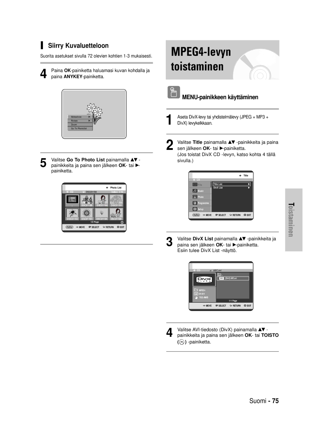 Samsung DVD-HR725/XEE manual Siirry Kuvaluetteloon, MENU-painikkeen käyttäminen, DivX levykelkkaan 