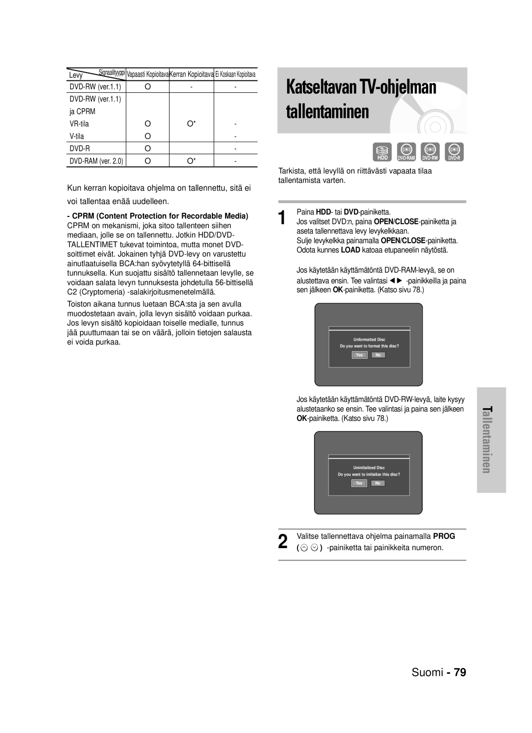 Samsung DVD-HR725/XEE manual Levy, Ja Cprm VR-tila Tila, Sen jälkeen OK-painiketta. Katso sivu 