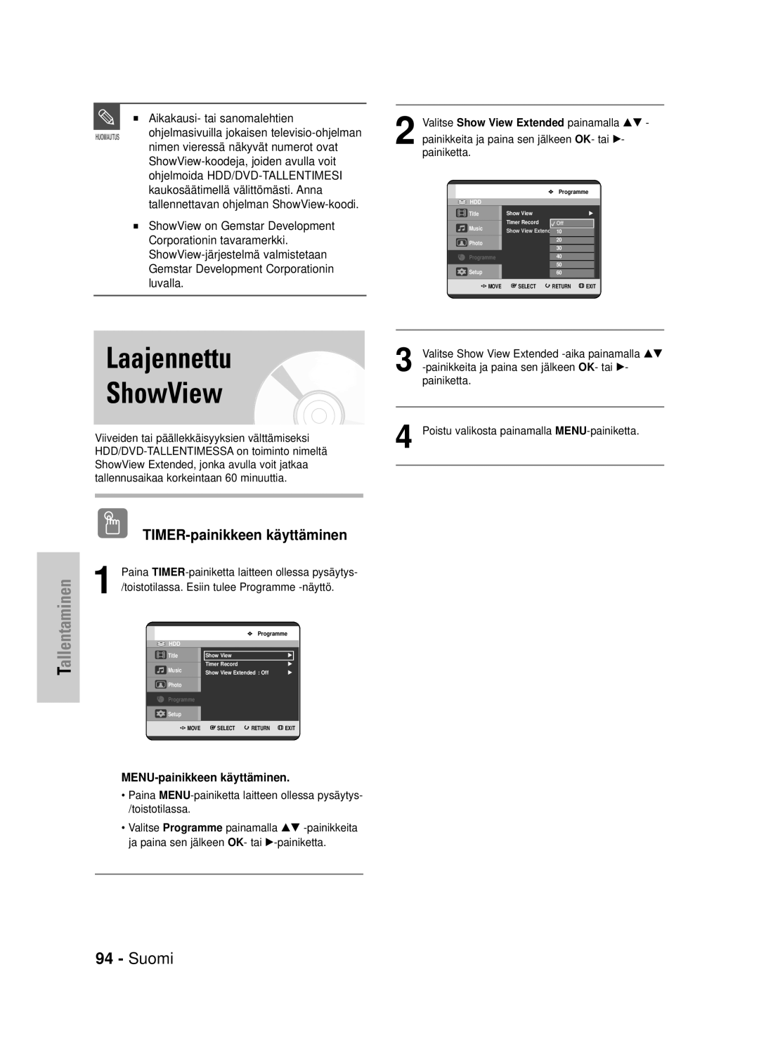 Samsung DVD-HR725/XEE manual Laajennettu ShowView 