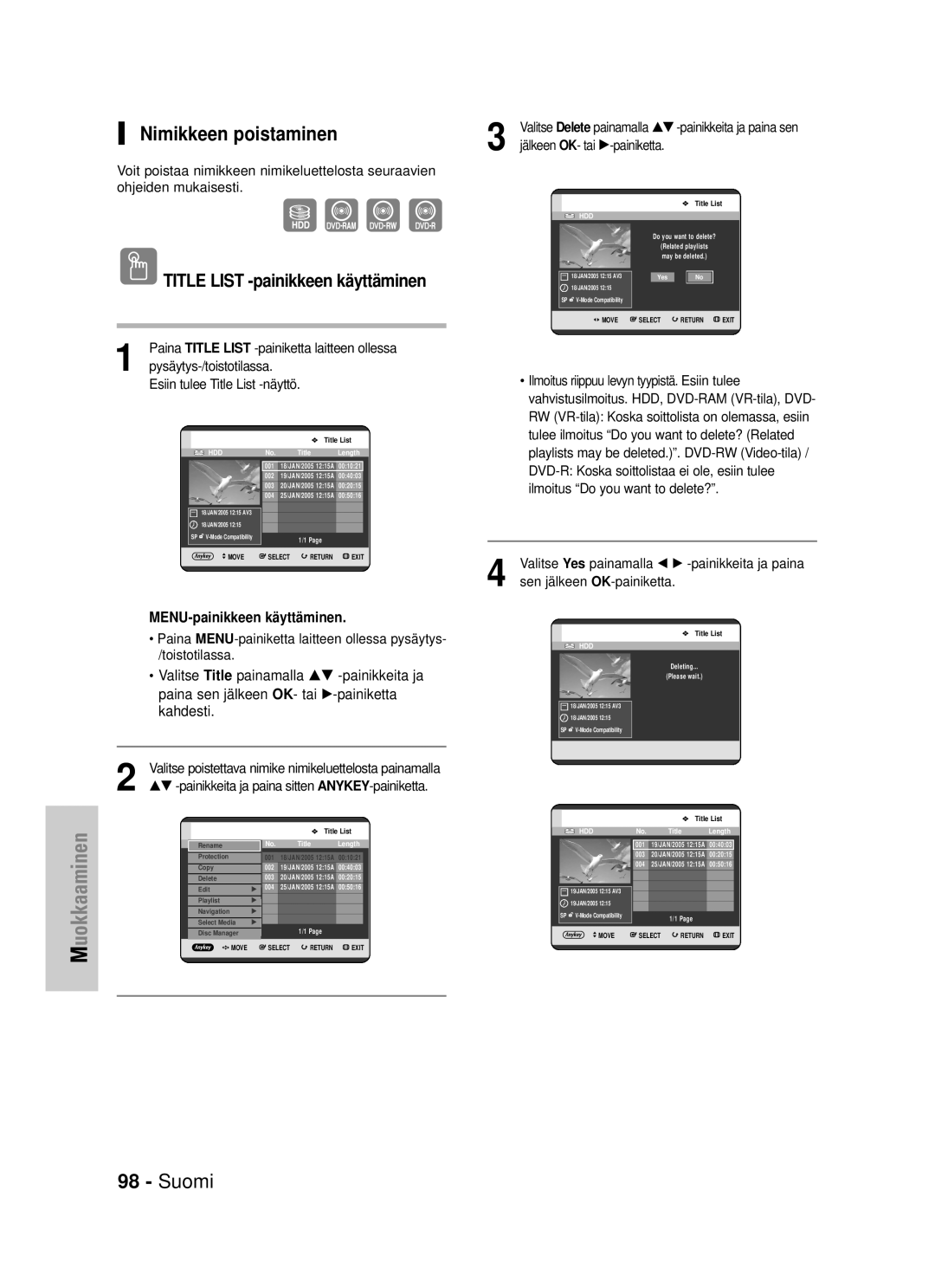 Samsung DVD-HR725/XEE manual Nimikkeen poistaminen, Jälkeen OK- tai √-painiketta 