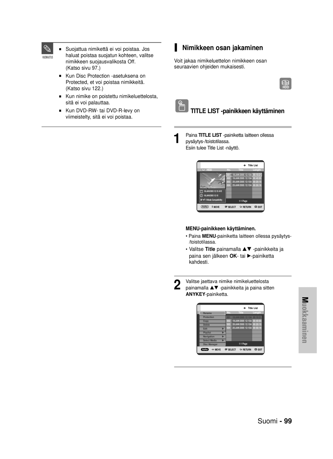 Samsung DVD-HR725/XEE Nimikkeen osan jakaminen, Suojattua nimikettä ei voi poistaa. Jos, Nimikkeen suojausvalikosta Off 