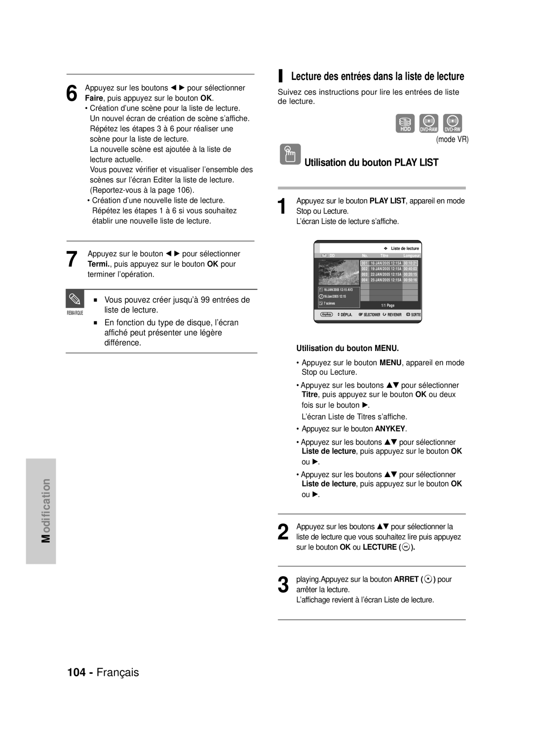 Samsung DVD-HR725/XEF Lecture des entrées dans la liste de lecture, Utilisation du bouton Play List, Liste de lecture 