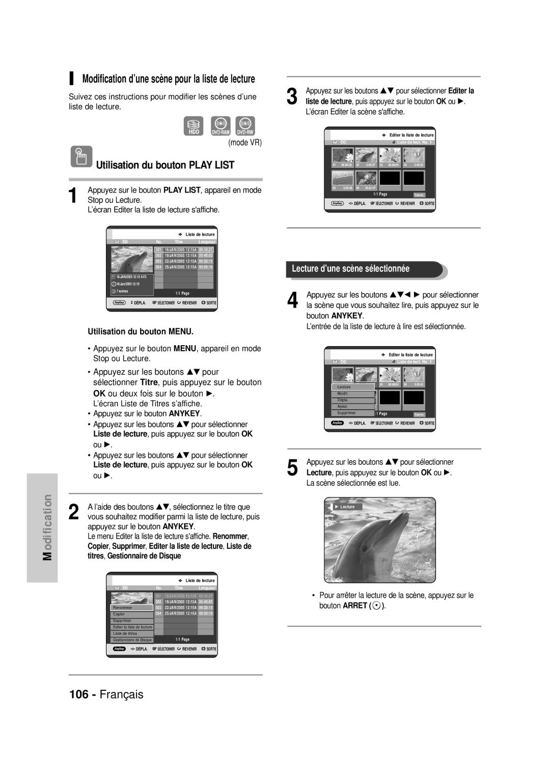 Samsung DVD-HR725/XEF manual Modification d’une scène pour la liste de lecture, Copier Supprimer Editer la liste de lecture 