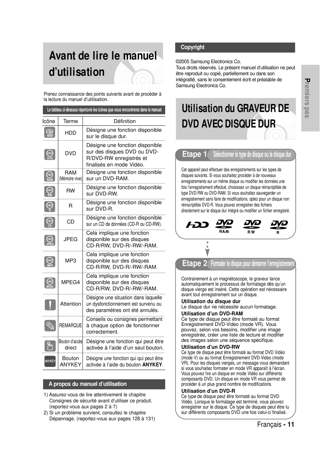 Samsung DVD-HR725P, DVD-HR725/XEF manual Utilisation du disque dur, Utilisation d’un DVD-RAM, Utilisation d’un DVD-RW 