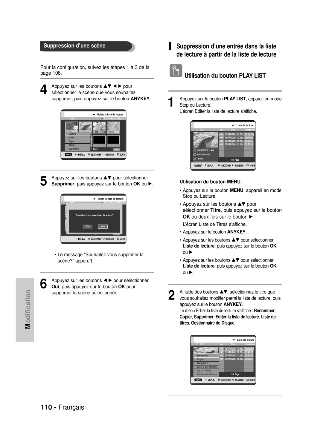 Samsung DVD-HR725/XEF, DVD-HR725P manual Pour la configuration, suivez les étapes 1 à 3 de la, 110, Liste de lecture 