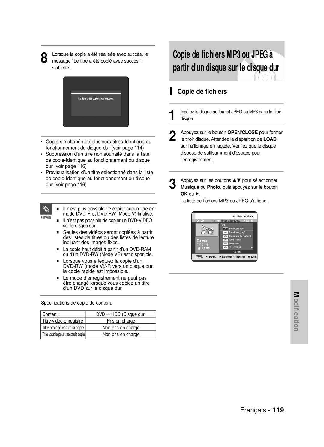 Samsung DVD-HR725P, DVD-HR725/XEF manual Copie de fichiers, 119, Dur voir Il n’est plus possible de copier aucun titre en 