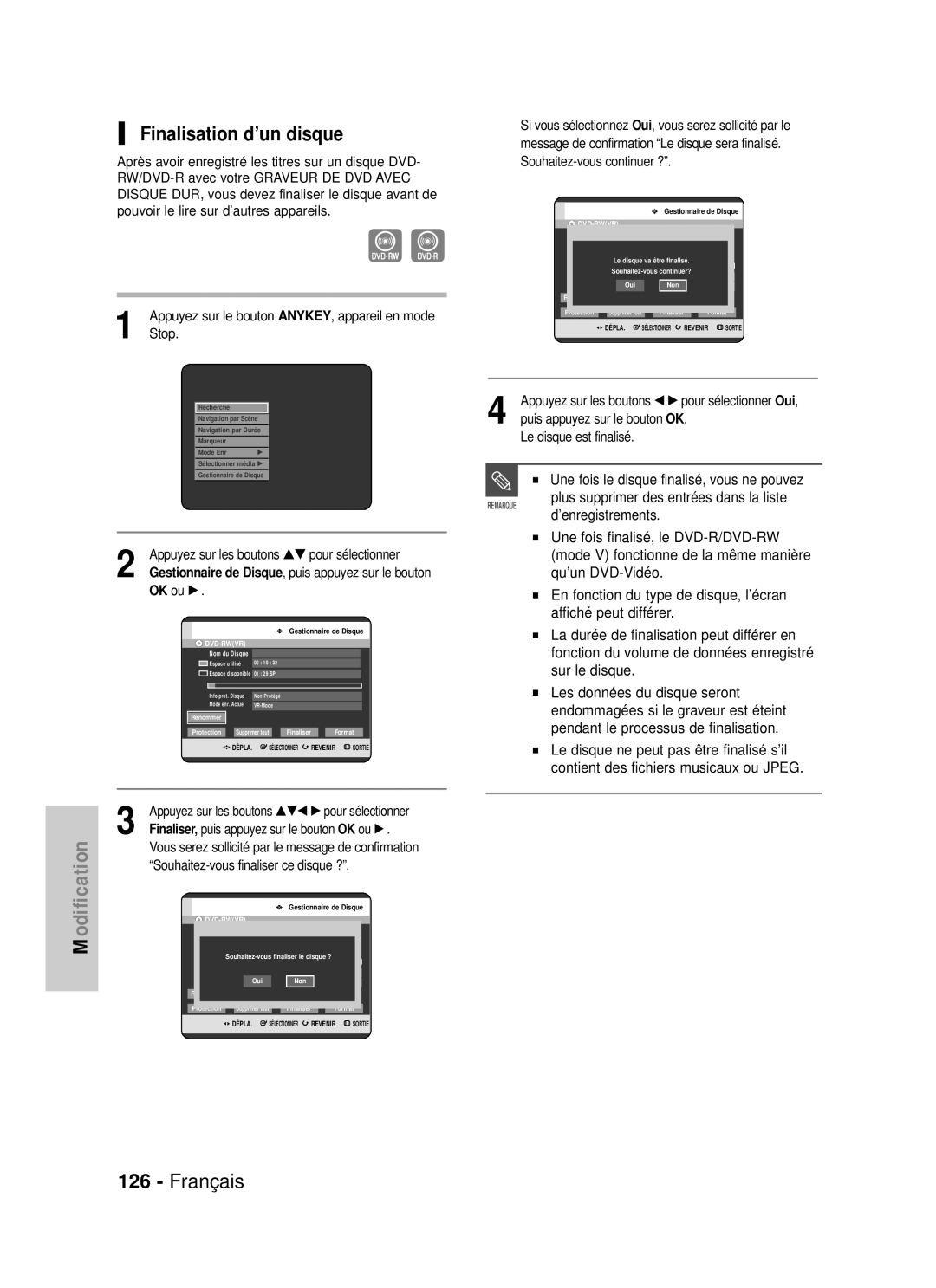 Samsung DVD-HR725/XEF, DVD-HR725P Finalisation d’un disque, ’enregistrements, Ou √, Souhaitez-vous finaliser ce disque ? 