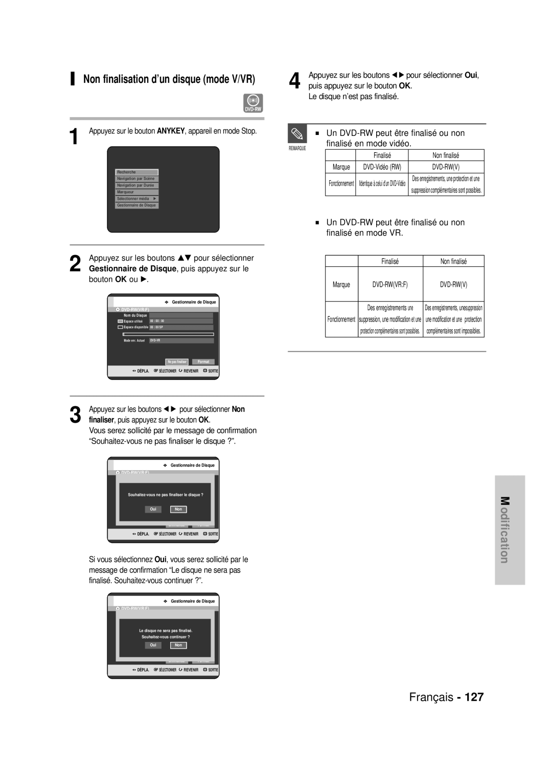 Samsung DVD-HR725P, DVD-HR725/XEF manual 127, Non finalisation d’un disque mode V/VR, Dvd-Rwv 