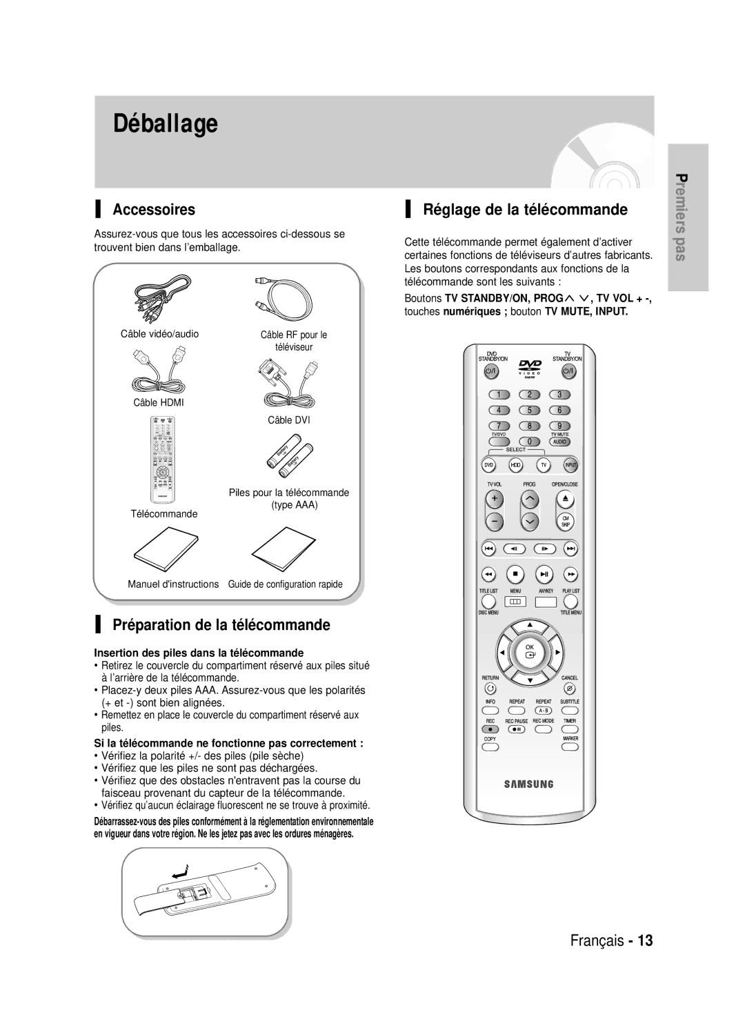 Samsung DVD-HR725P, DVD-HR725/XEF manual Accessoires, Préparation de la télécommande, Réglage de la télécommande 