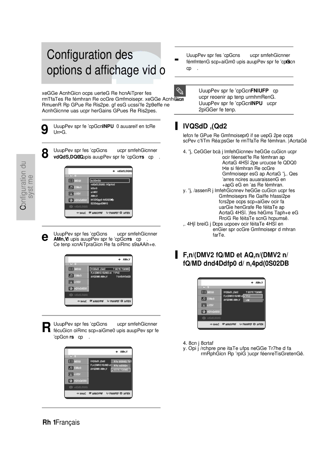 Samsung DVD-HR725/XEF manual Configuration des options d’affichage vidéo, Format écran, Réduction bruit 3D réduction du 