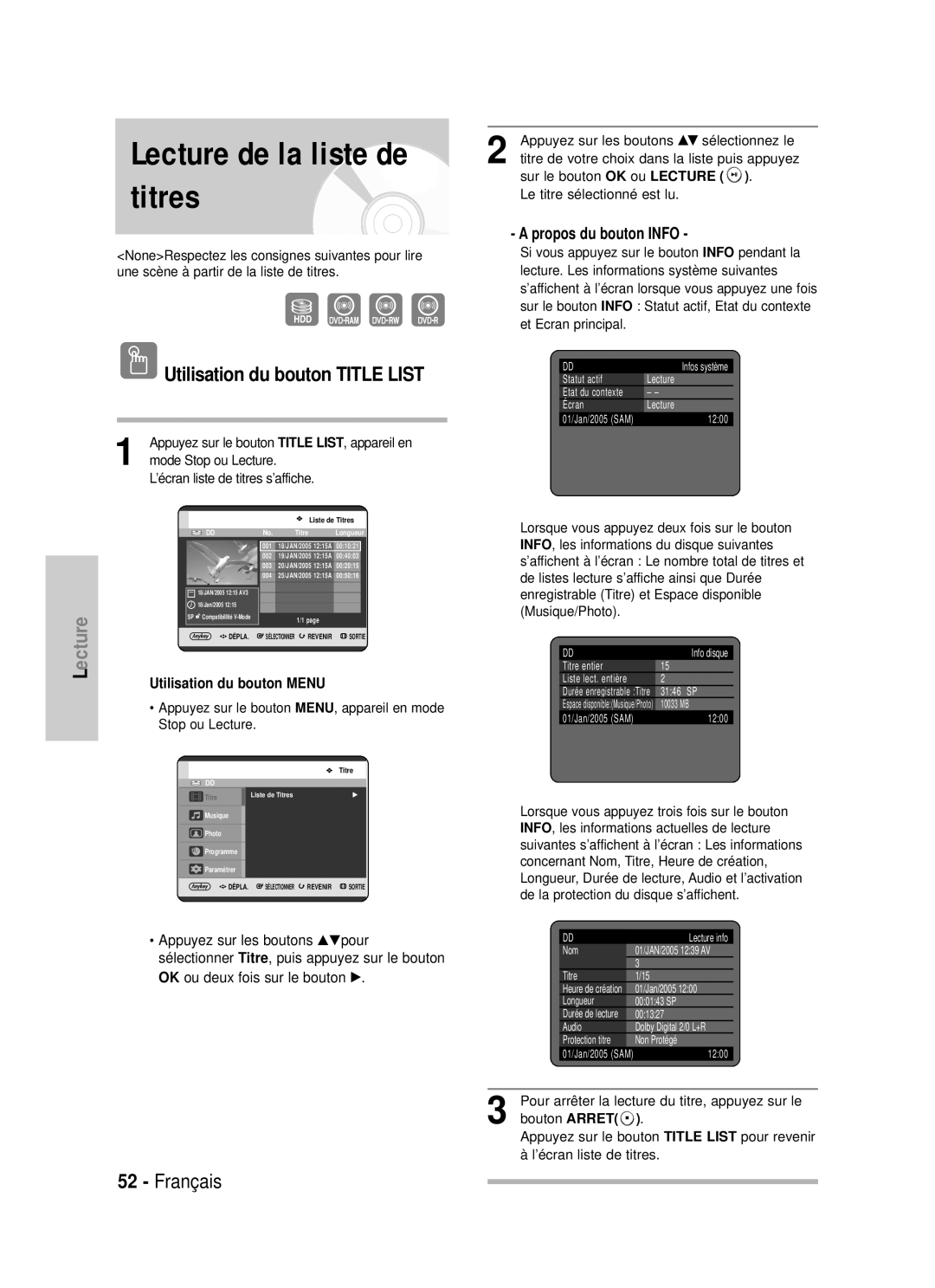 Samsung DVD-HR725/XEF, DVD-HR725P manual Lecture de la liste de titres, Boutons, Appareil en mode, Info 