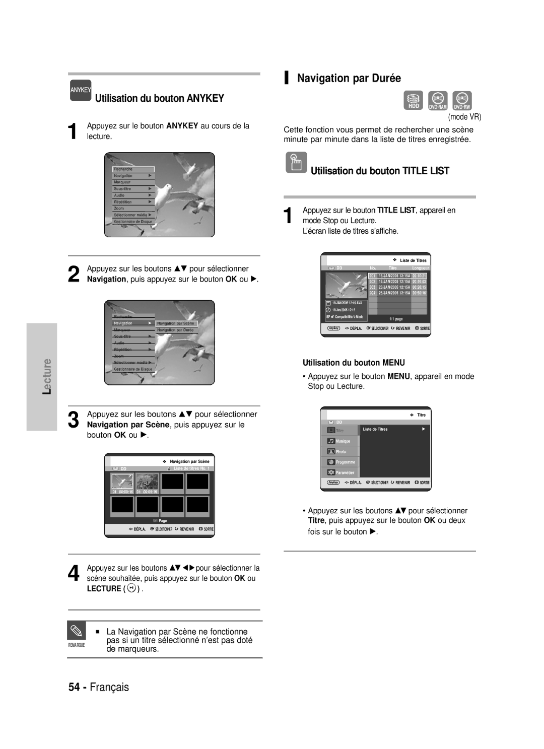 Samsung DVD-HR725/XEF, DVD-HR725P manual Navigation par Durée, Utilisation du bouton Anykey, Mode VR, Bouton 