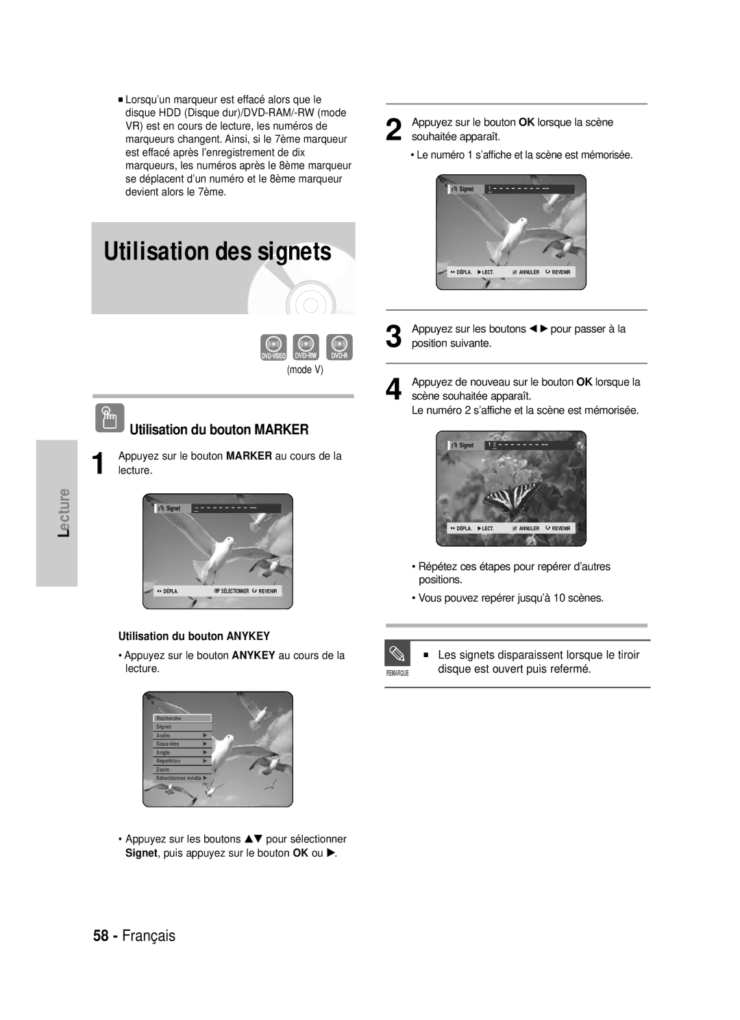 Samsung DVD-HR725/XEF, DVD-HR725P manual Utilisation Du bouton, Marker, Le numéro 2 s’affiche et la scène est mémorisée 