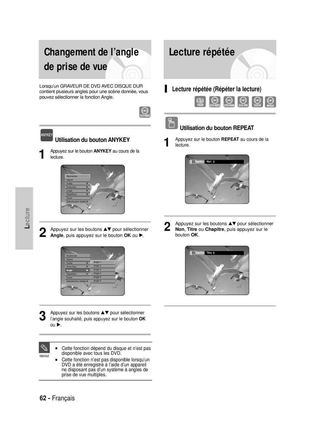 Samsung DVD-HR725/XEF, DVD-HR725P Changement de l’angle de prise de vue, Lecture répétée Répéter la lecture, Repeat 