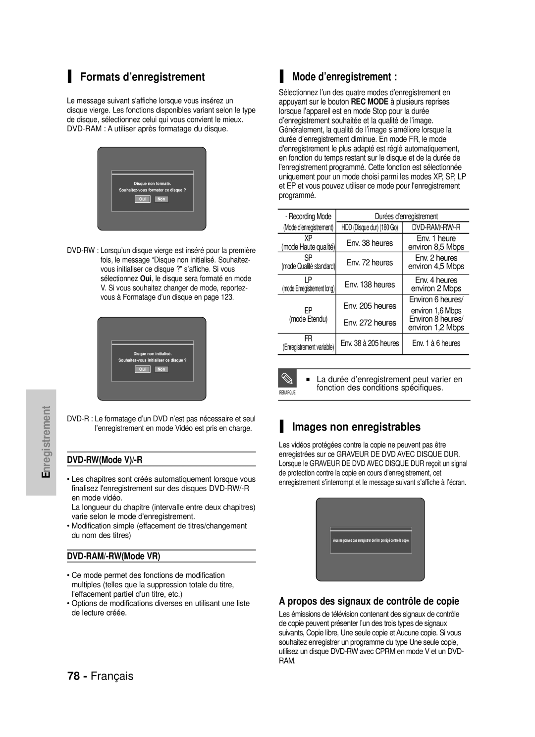 Samsung DVD-HR725/XEF, DVD-HR725P manual Formats d’enregistrement, Mode d’enregistrement, Images non enregistrables 