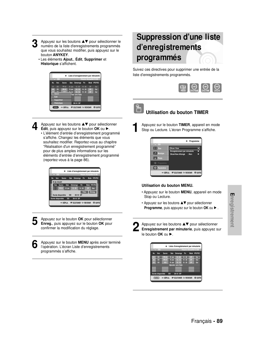 Samsung DVD-HR725P, DVD-HR725/XEF manual Enreg, OK pour, Après avoir terminé, Puis appuyez sur, Édit 