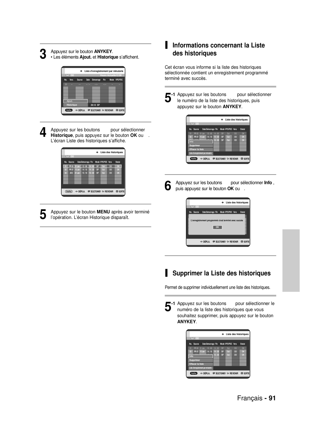 Samsung DVD-HR725P Supprimer la Liste des historiques, Informations concernant la Liste des historiques, Boutons …† pour 