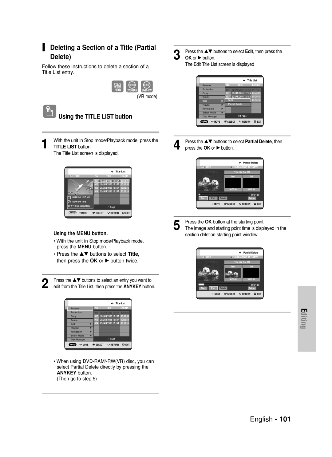 Samsung DVD-HR725P, DVD-HR725/XEF manual Deleting a Section of a Title Partial Delete, Edit Title List screen is displayed 