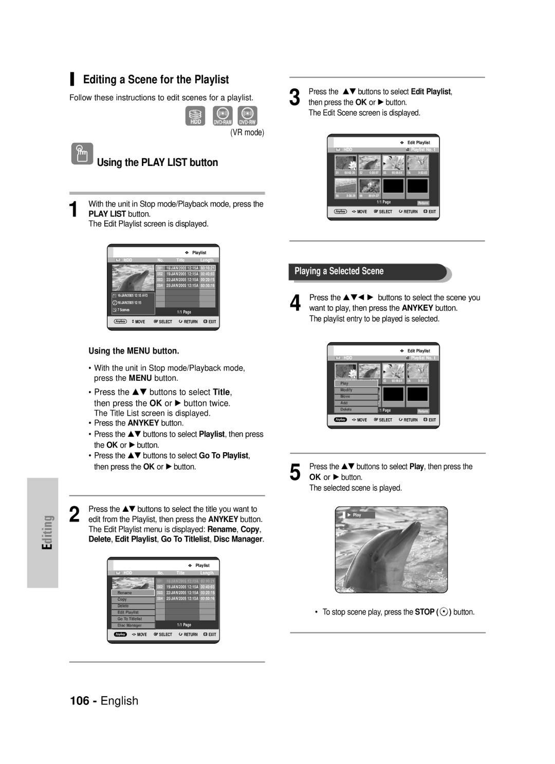 Samsung DVD-HR725/XEF manual Editing a Scene for the Playlist, Edit from the Playlist, then press the Anykey button, Press 